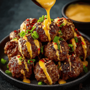 Korean BBQ Meatballs with Spicy Mayo Dip