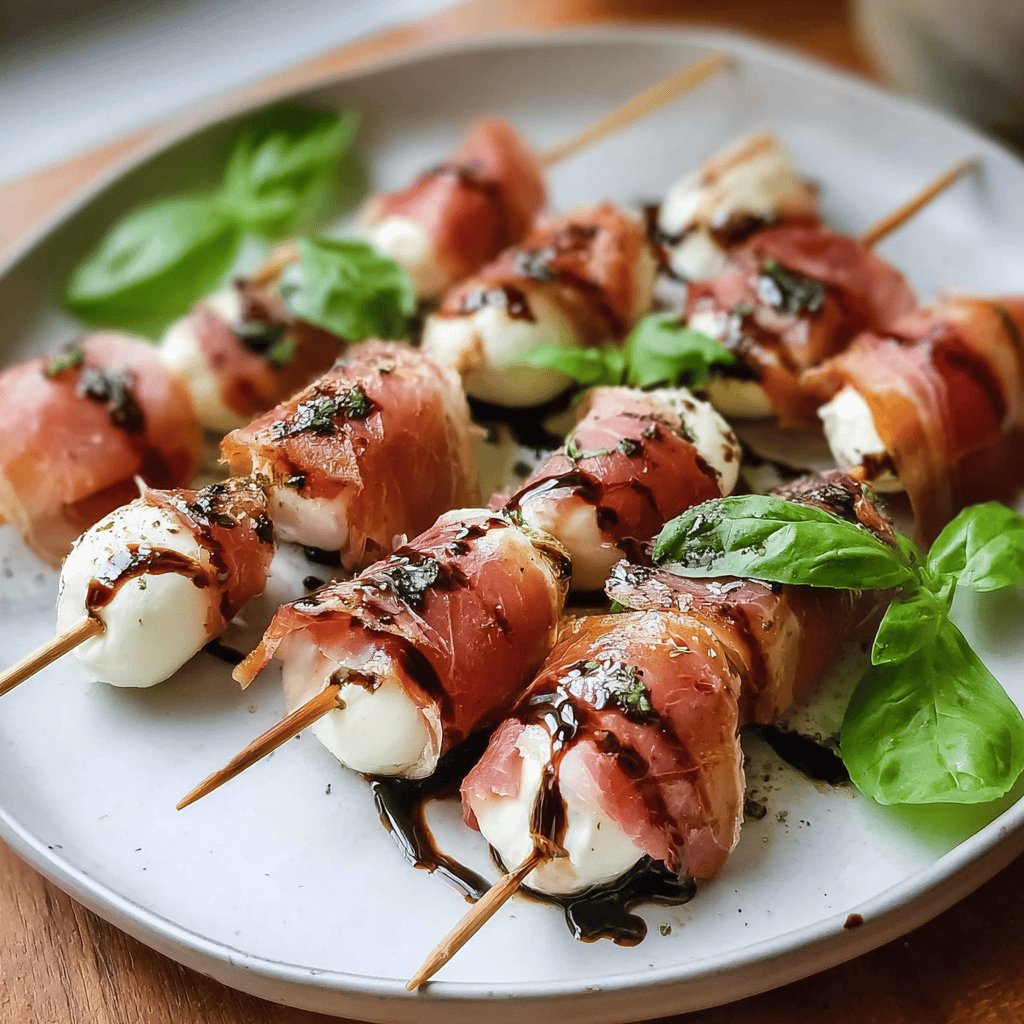 Easy Prosciutto Mozzarella Skewers with Basil and Balsamic Drizzle