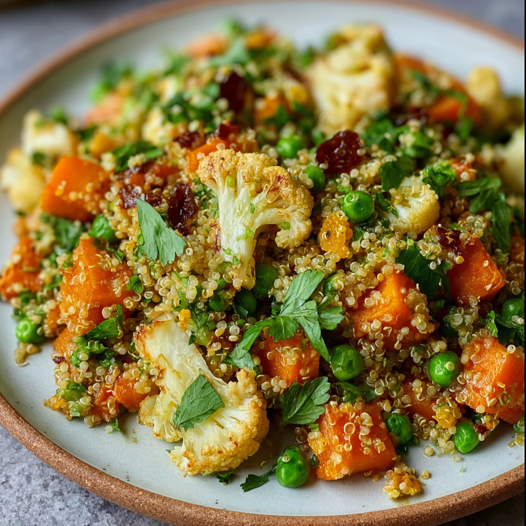 Roasted Carrot and Cauliflower Quinoa Salad with Sunshine Dressing