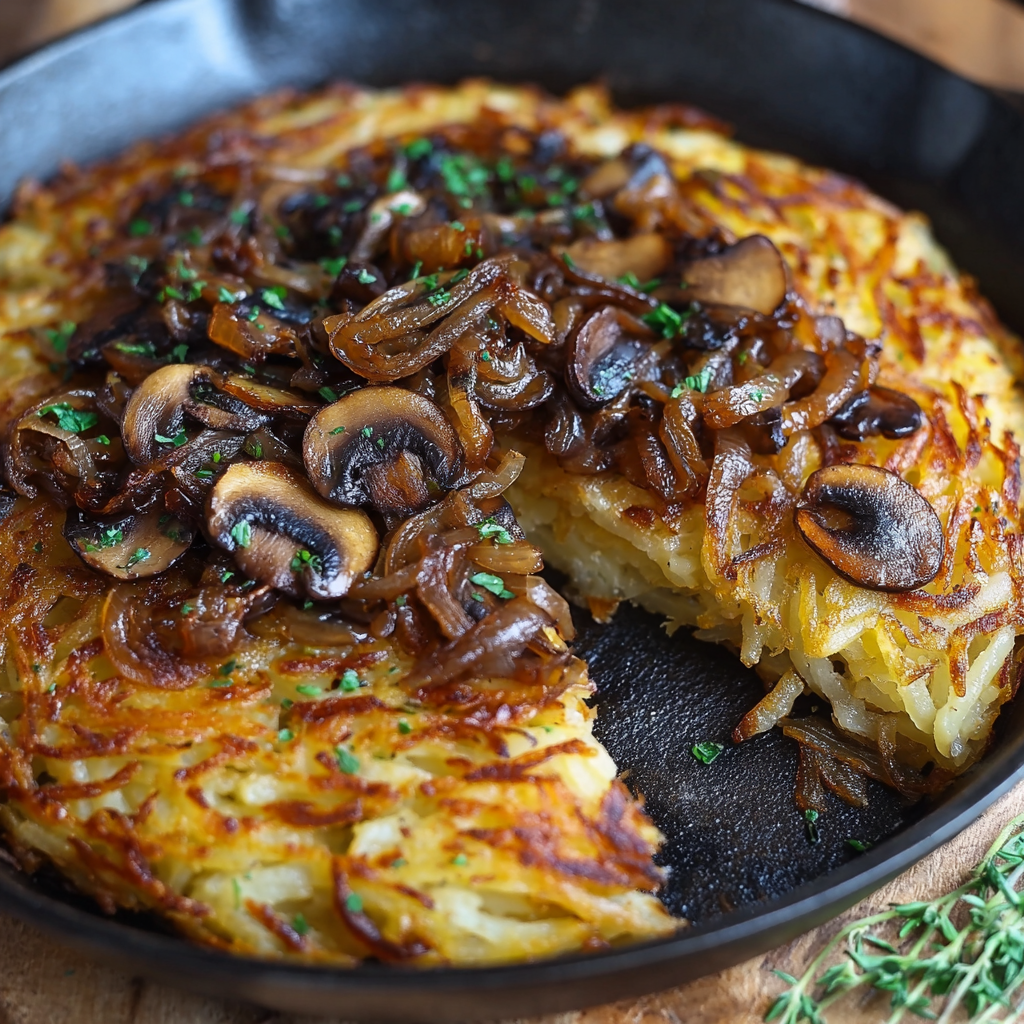 Rösti with Caramelized Onions and Sautéed Mushrooms: Crispy Comfort on a Plate