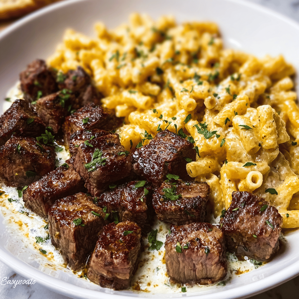 Cheesy Garlic Butter Steak with Rigatoni in Four-Cheese Sauce