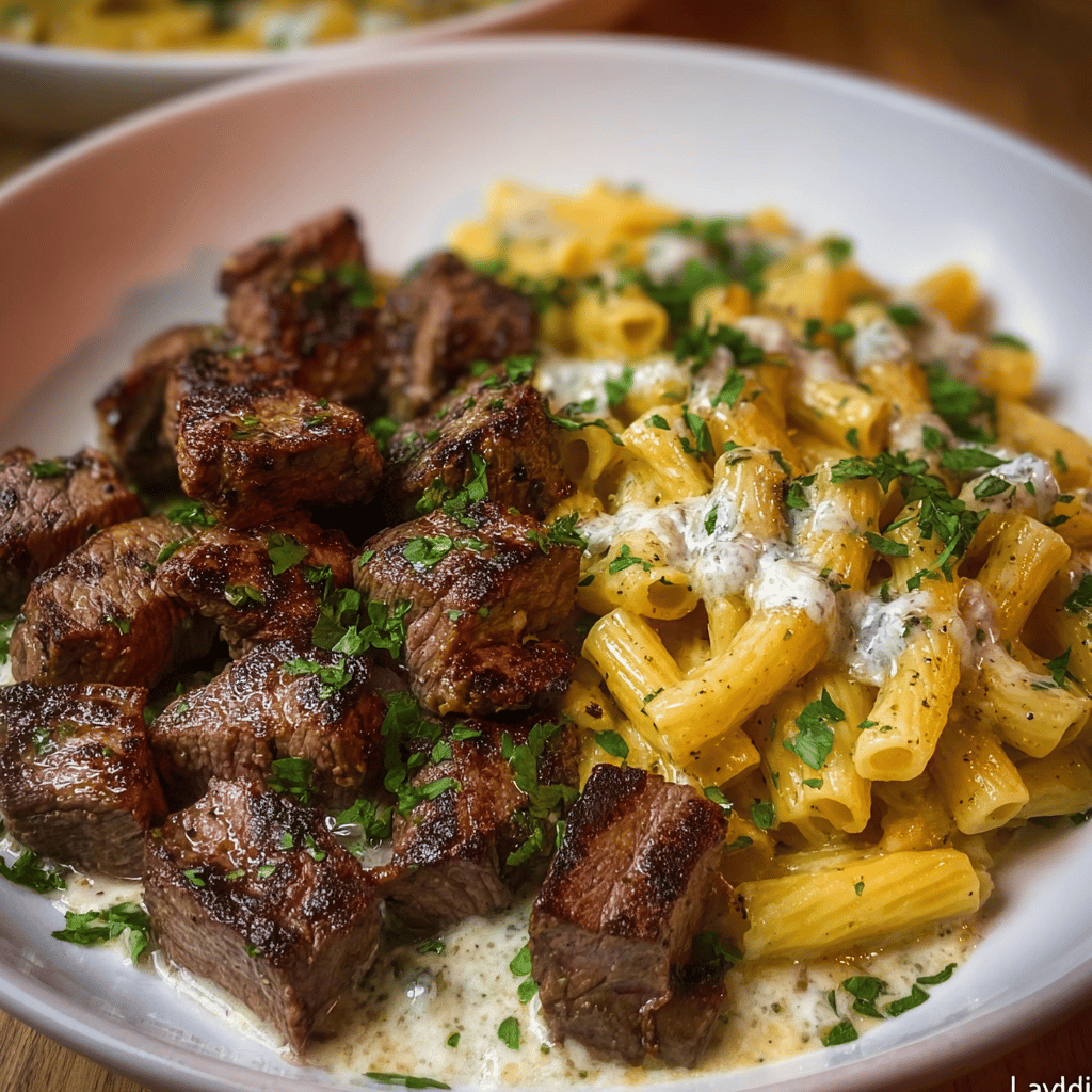 Cheesy Garlic Butter Steak with Rigatoni in Four-Cheese Sauce