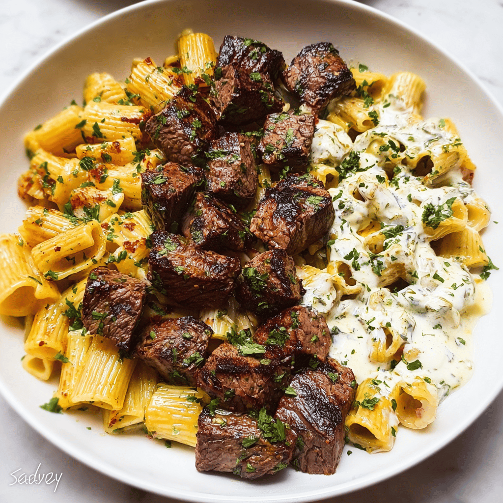 Cheesy Garlic Butter Steak with Rigatoni in Four-Cheese Sauce