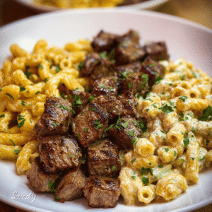 Cheesy Garlic Butter Steak with Rigatoni in Four-Cheese Sauce