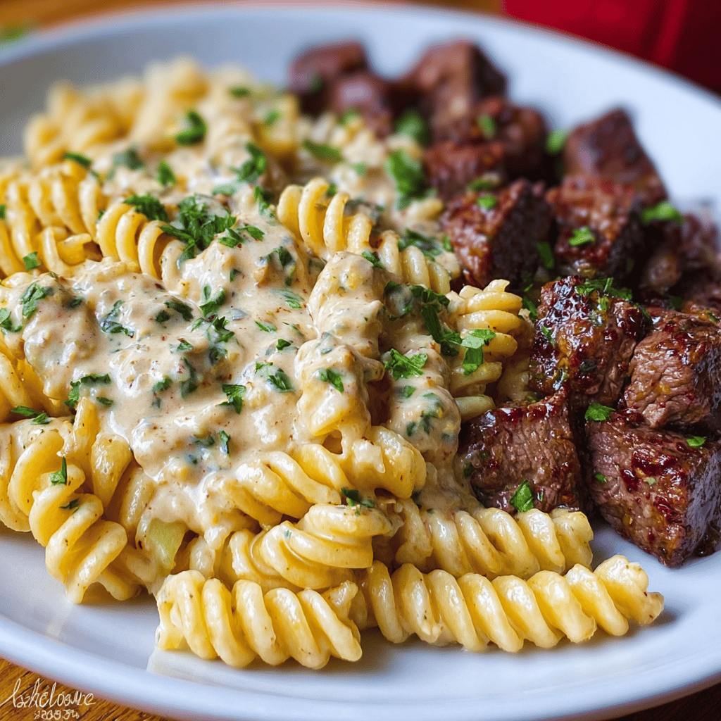 Steak Bites in Garlic Parmesan Sauce over Rotini