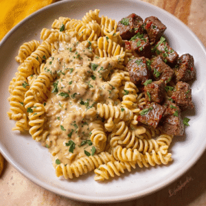 Steak Bites in Garlic Parmesan Sauce over Rotini