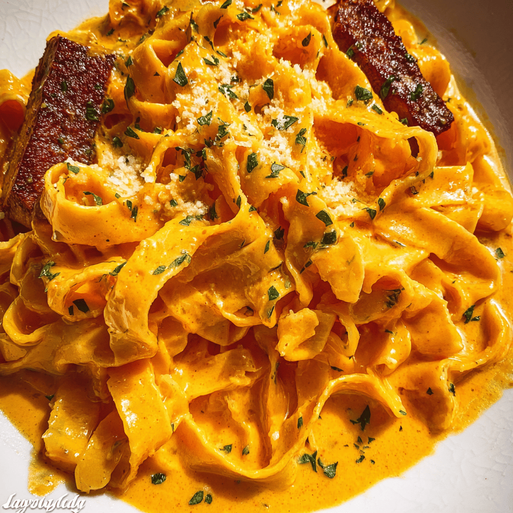 Velveeta Steak Fettuccine with Garlic Butter Cream Sauce