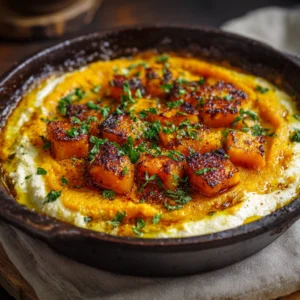 Baked butternut squash on feta dip