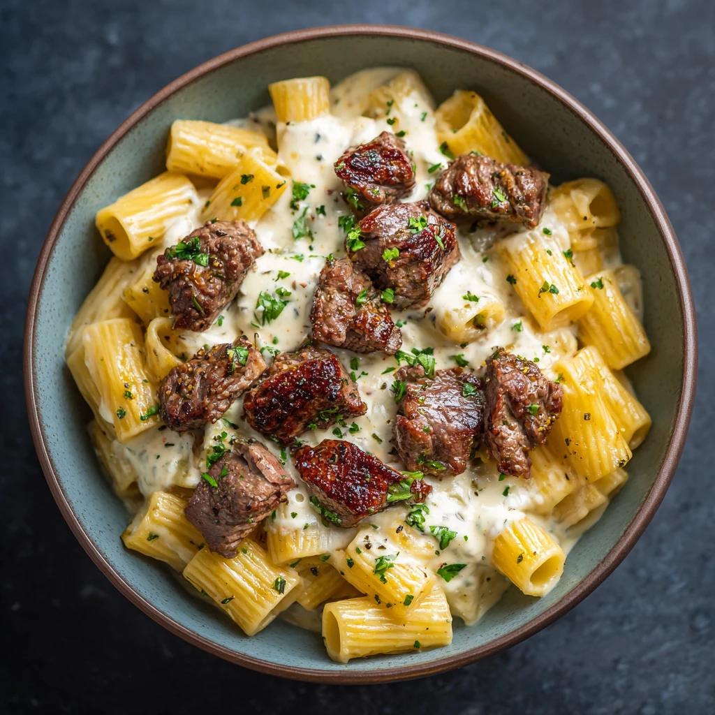 Garlic Butter Steak Bites with Creamy Alfredo Rigatoni Recipe
