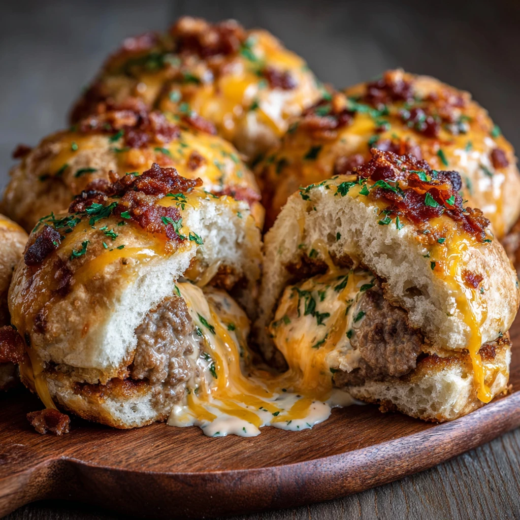 Cheesy Beef Bacon Ranch Burger Stuffed Biscuit Bombs