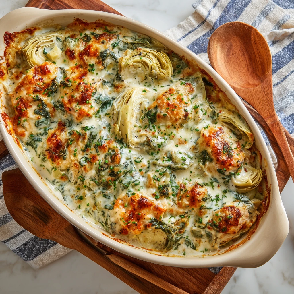 Easy Creamy Spinach Artichoke Chicken Bake