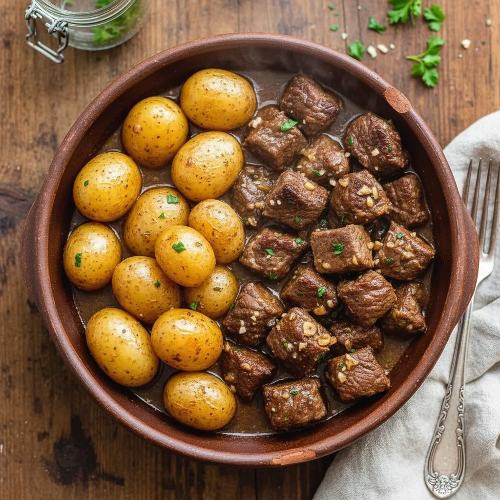 Slow Cooker Garlic Butter Beef Bites with Potatoes