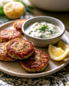 Crispy Canned Mackerel Cakes with Lemon-Dill Sauce