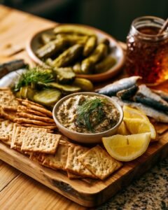 Easy Tinned Fish Charcuterie Board with Crackers and Pickles