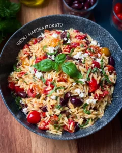 GREEK ORZO WITH TOMATOES, OLIVES, BASIL & FETA