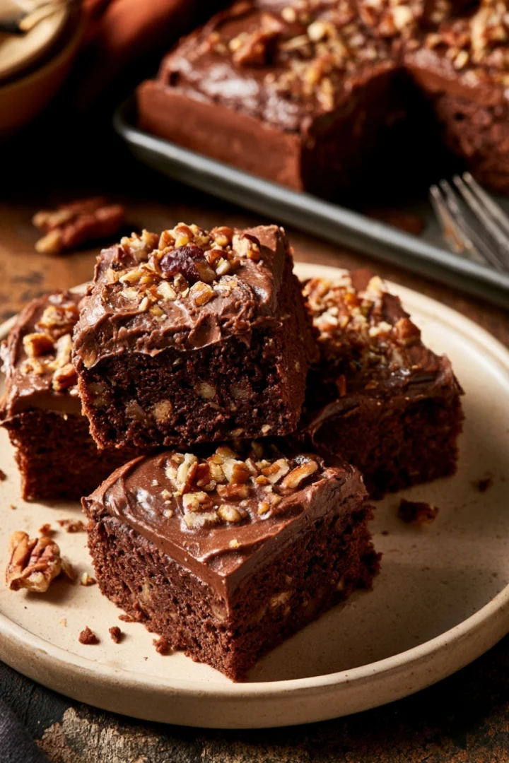 Ingredients and preparation for Easy Pecan Chocolate Sheet Cake for Gatherings